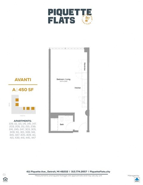 Floor plan for studio, 1 bath, 450 sqft